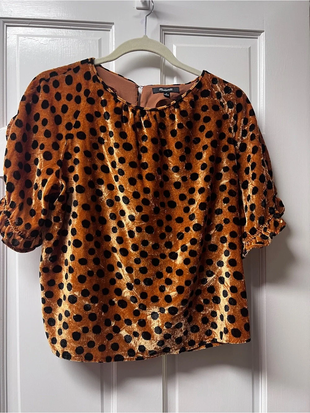 Madewell Rust Velvet Polka Dot Puff Sleeve Blouse